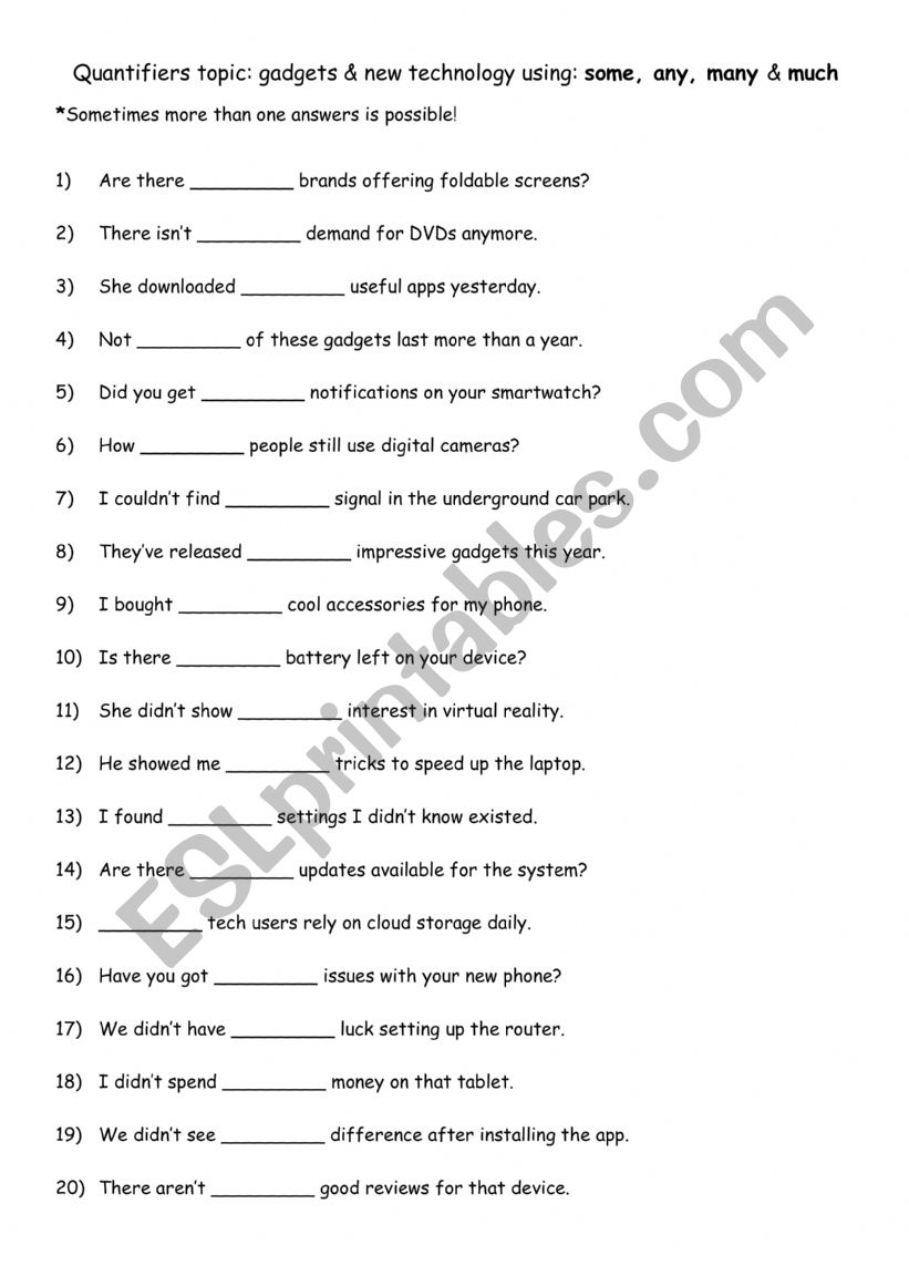 Quantifiers topic gadgets & new technology using some, any, many & much