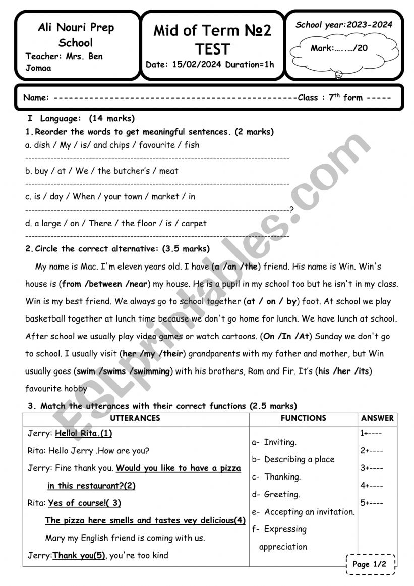 MID OF TERM PAPER 7TH FORM worksheet