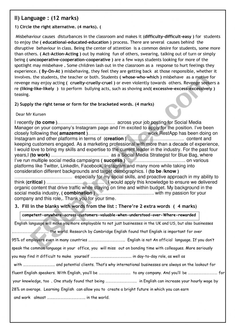 mid-term test 3 third form worksheet