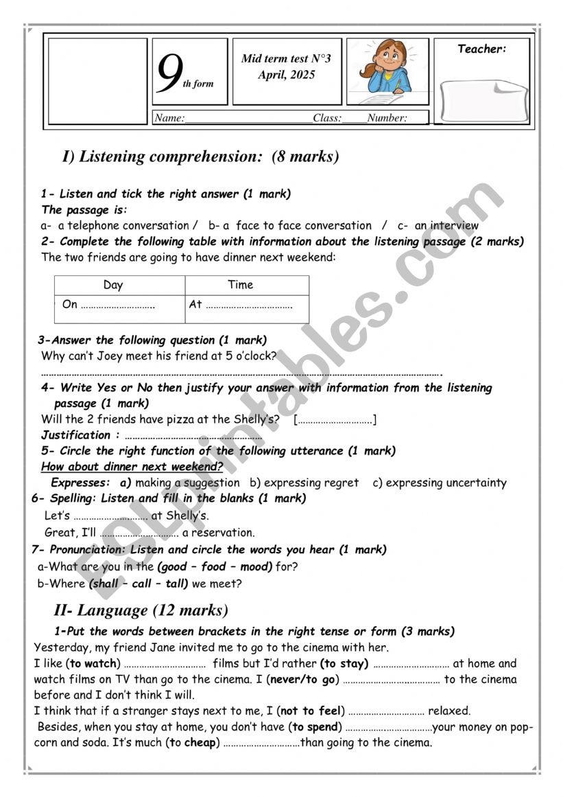 Mid term 3, 9th form worksheet