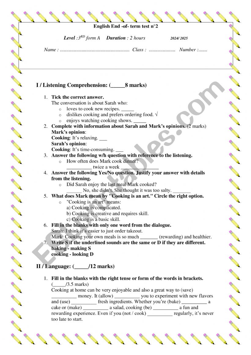 English test worksheet