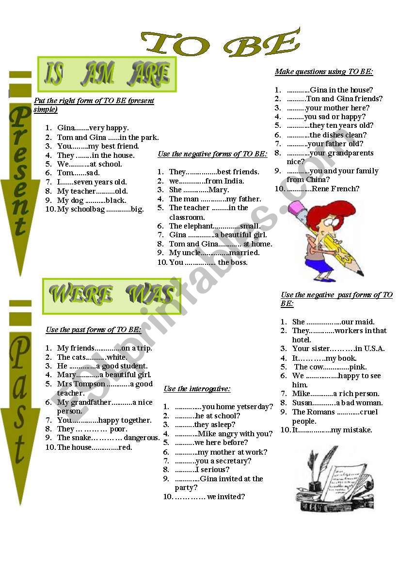 to be- present and past  worksheet