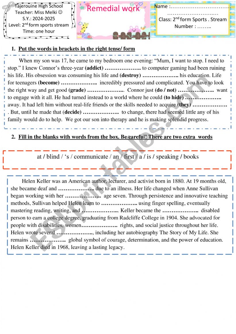 remedial work 2nd form worksheet