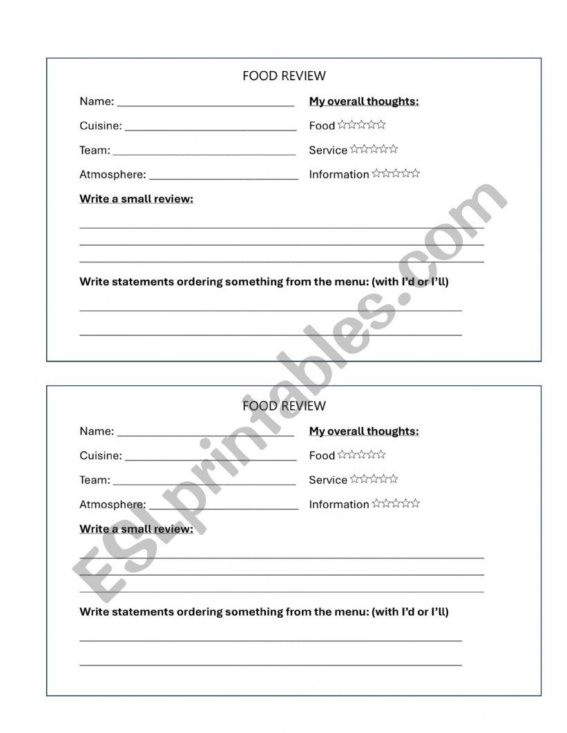 Restaurant / food review worksheet