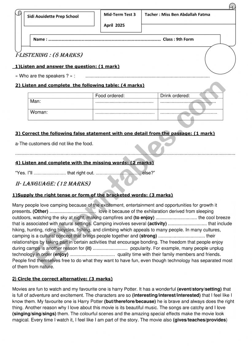 mid term test 3 worksheet