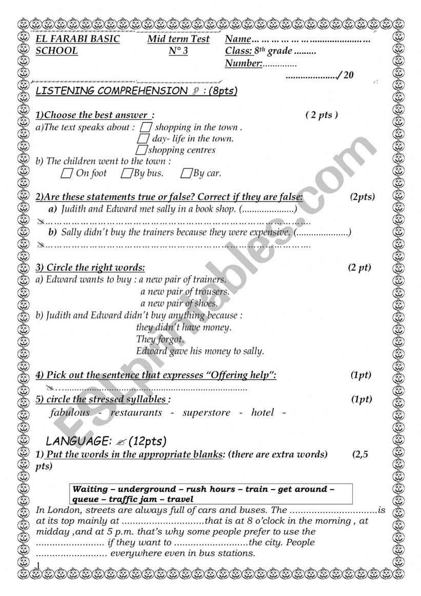 mid term test n°3 8th form - ESL worksheet by bayya english