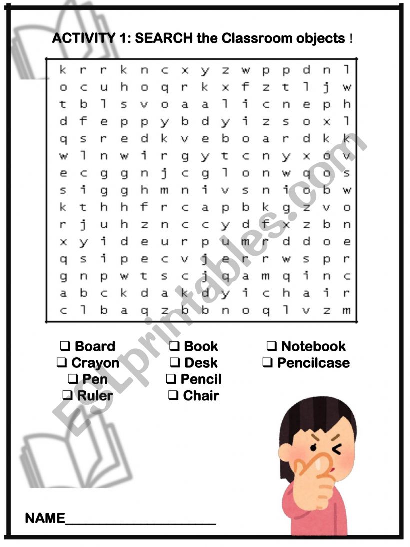 CLASSROOM OBJECTS VOCABULARY EASY WORD SEARCH 