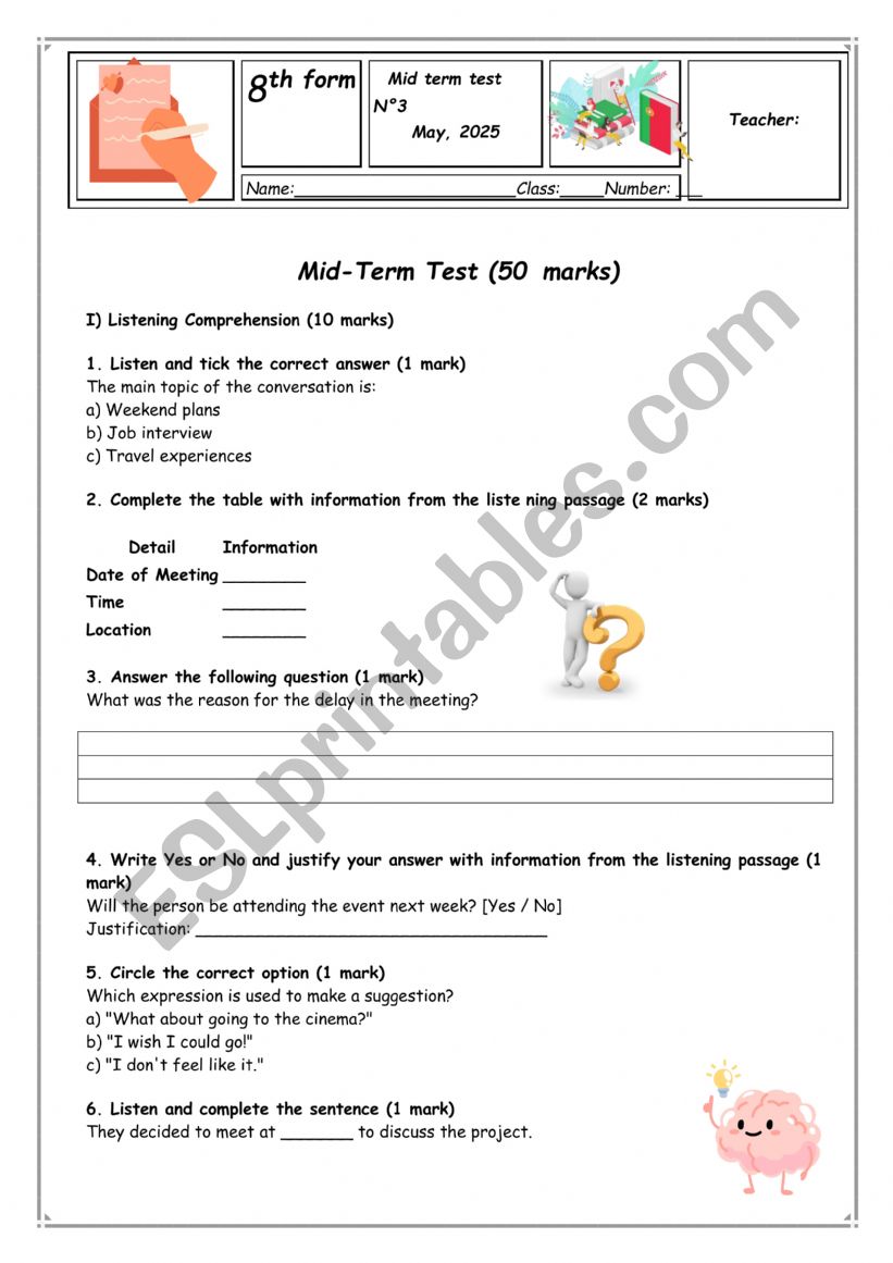 mID TERM TEST 8 GRADE worksheet