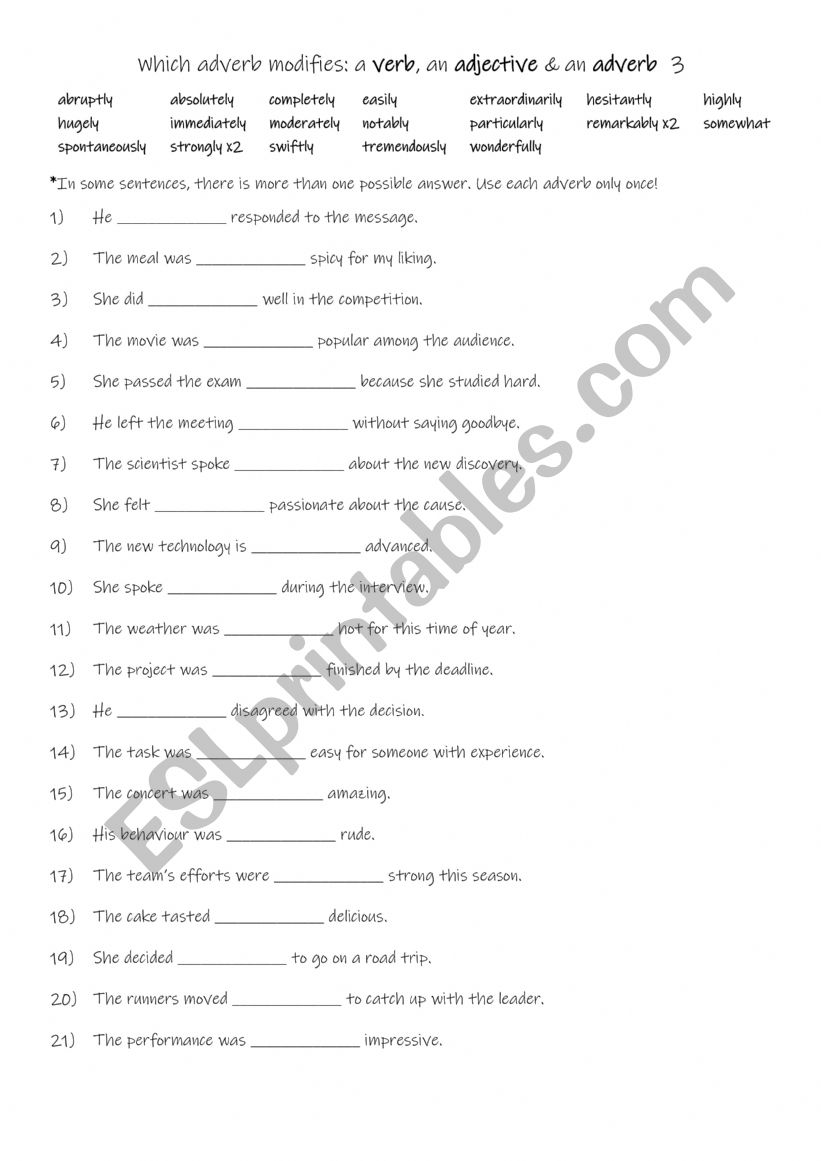 Which adverb modifies a verb, an adjective & an adverb 3