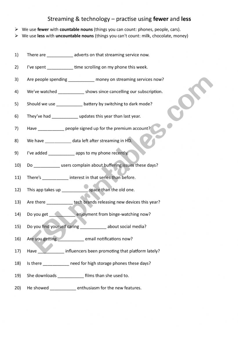 Streaming &amp; technology – practise using fewer and less - ESL worksheet ...