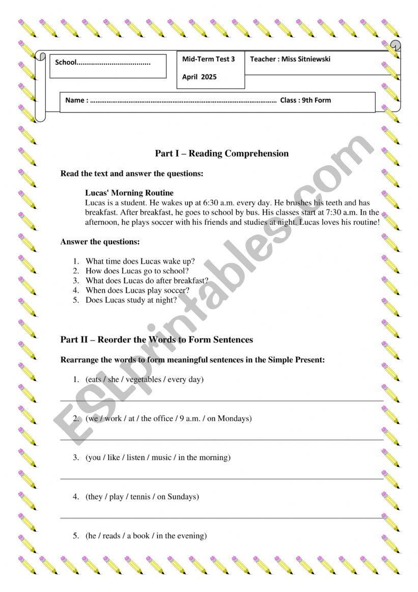 Simple Present Test worksheet