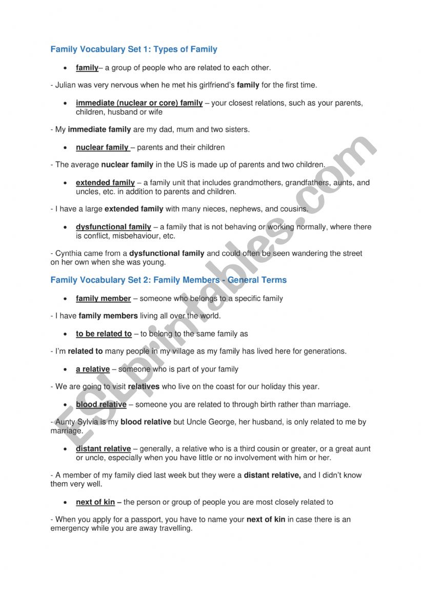 Family Vocabulary Input  worksheet