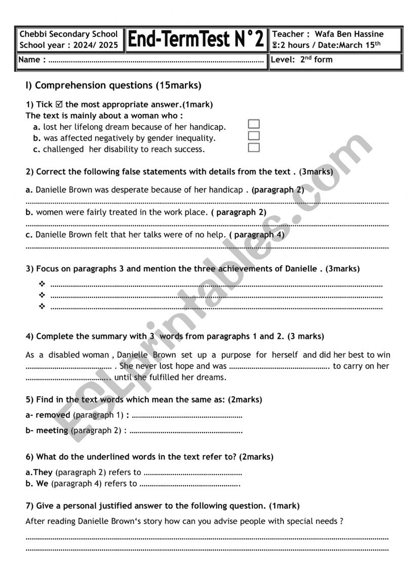 end ter test 2 2nd  form  worksheet