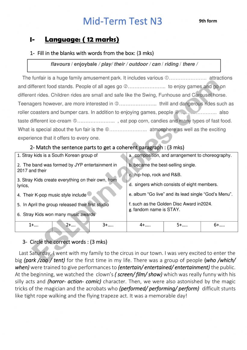 Mid-Term Test 3 9th form worksheet