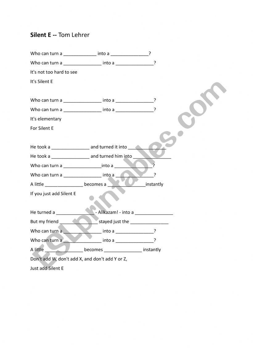 Silent E -- Tom Lehrer worksheet