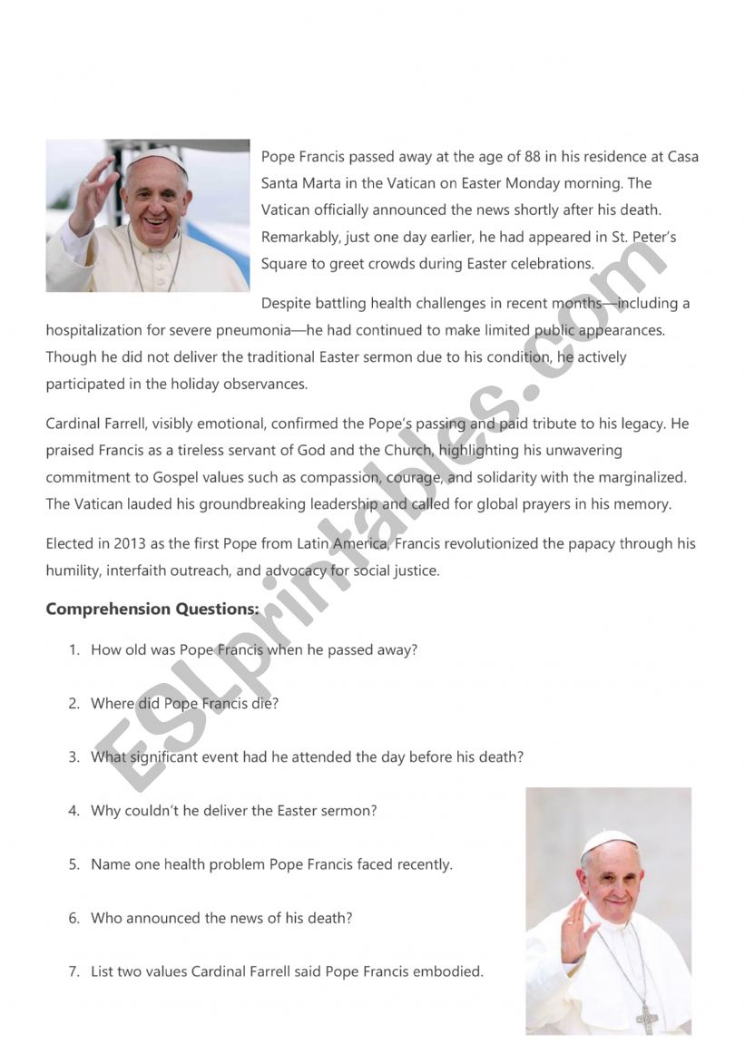Pope Francis worksheet