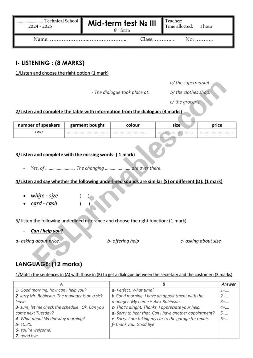 Mid-term test N3 8th form technical school