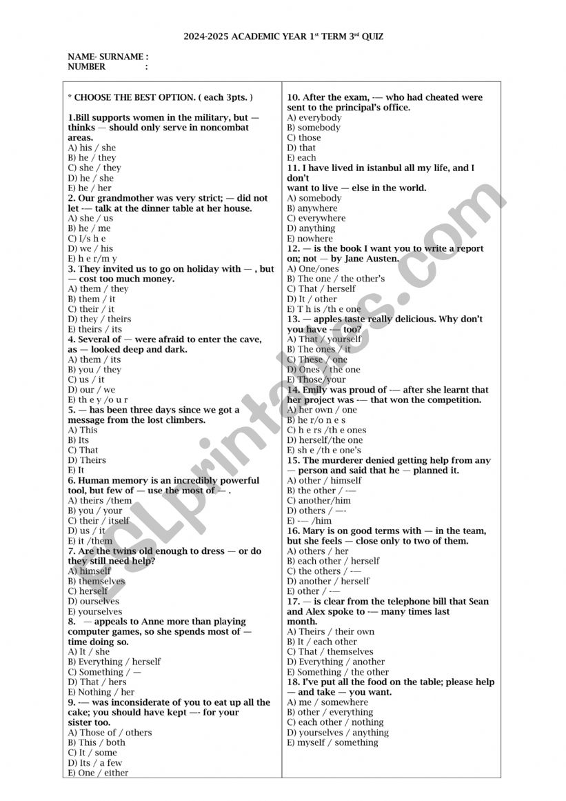 QUIZ ON PRONOUNS FOR 11TH GRADERS