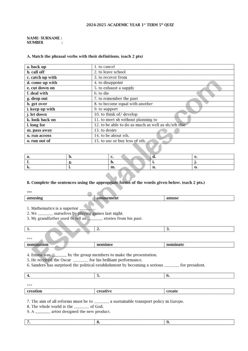 QUIZ ON PHRASALS AND VOCABULARY