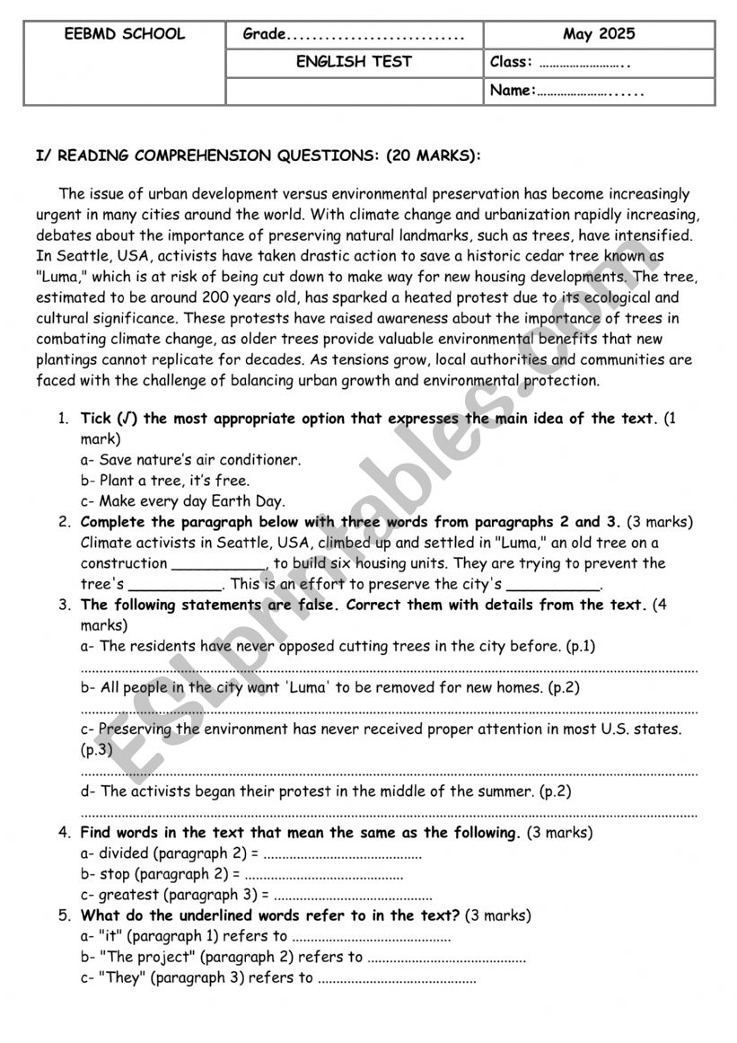 English test review worksheet