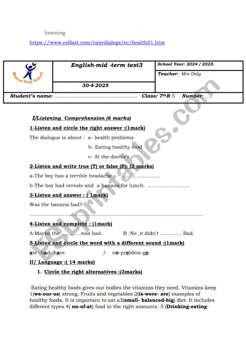 7th form ..English mid -term -test 3. April 2025