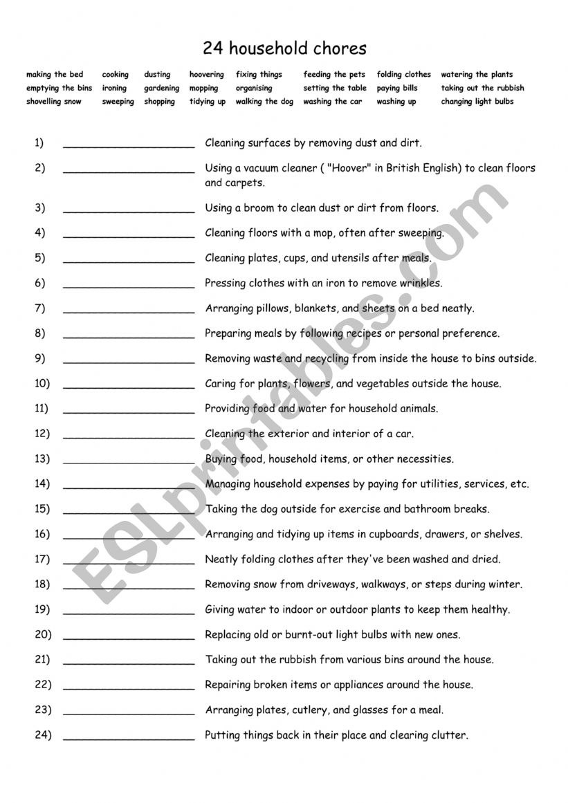 A1-A2 24 household chores worksheet A1-A2 24 household chores worksheet