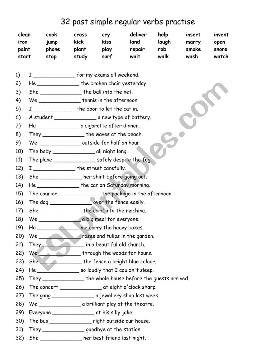 32 past simple regular verbs practise