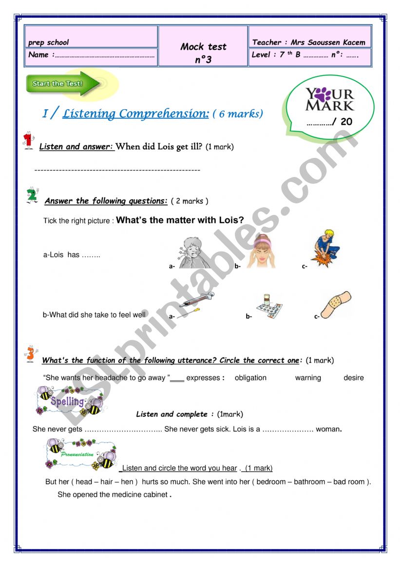 Mid term test 3 7th form worksheet