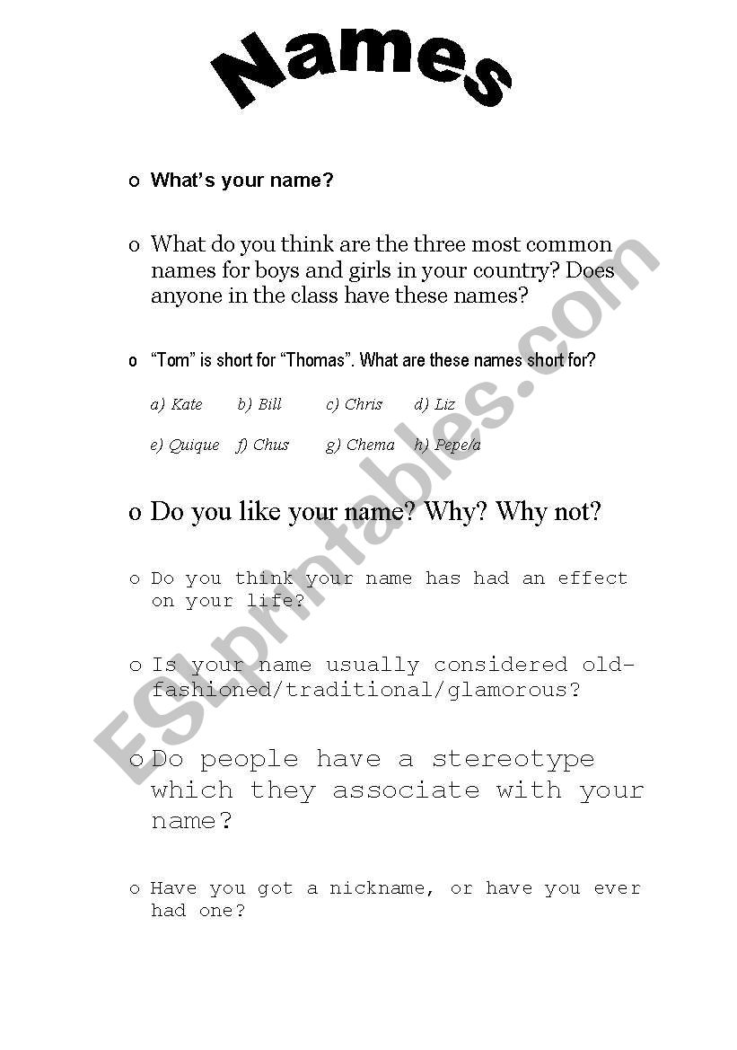 WHATS IN A NAME? worksheet