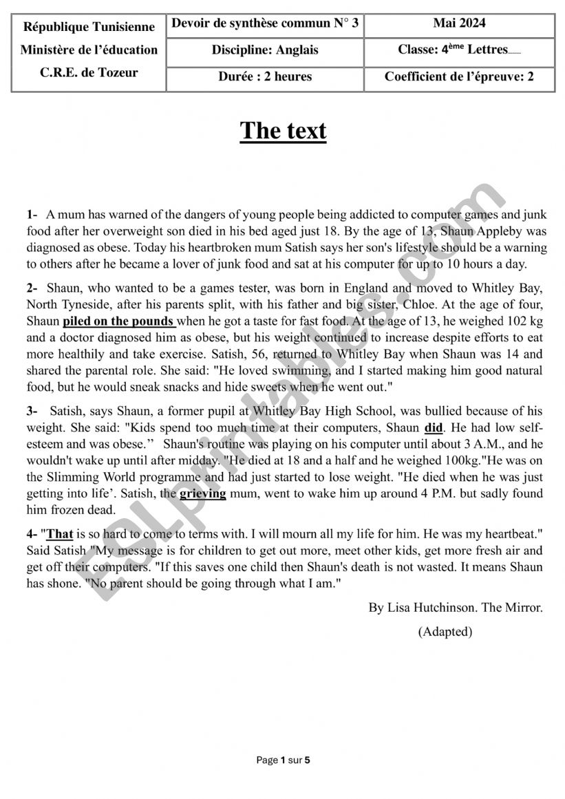 end term test 3 bac students (Arts)