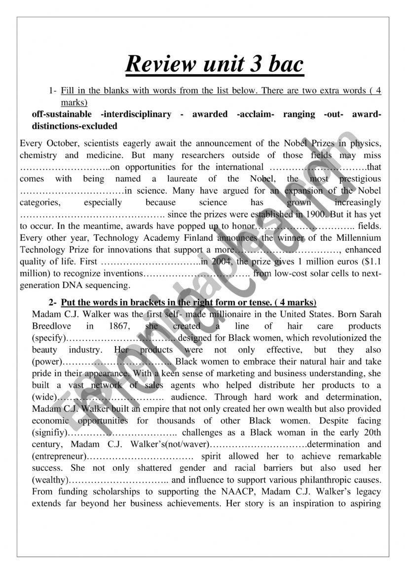 review unit 3 bac worksheet
