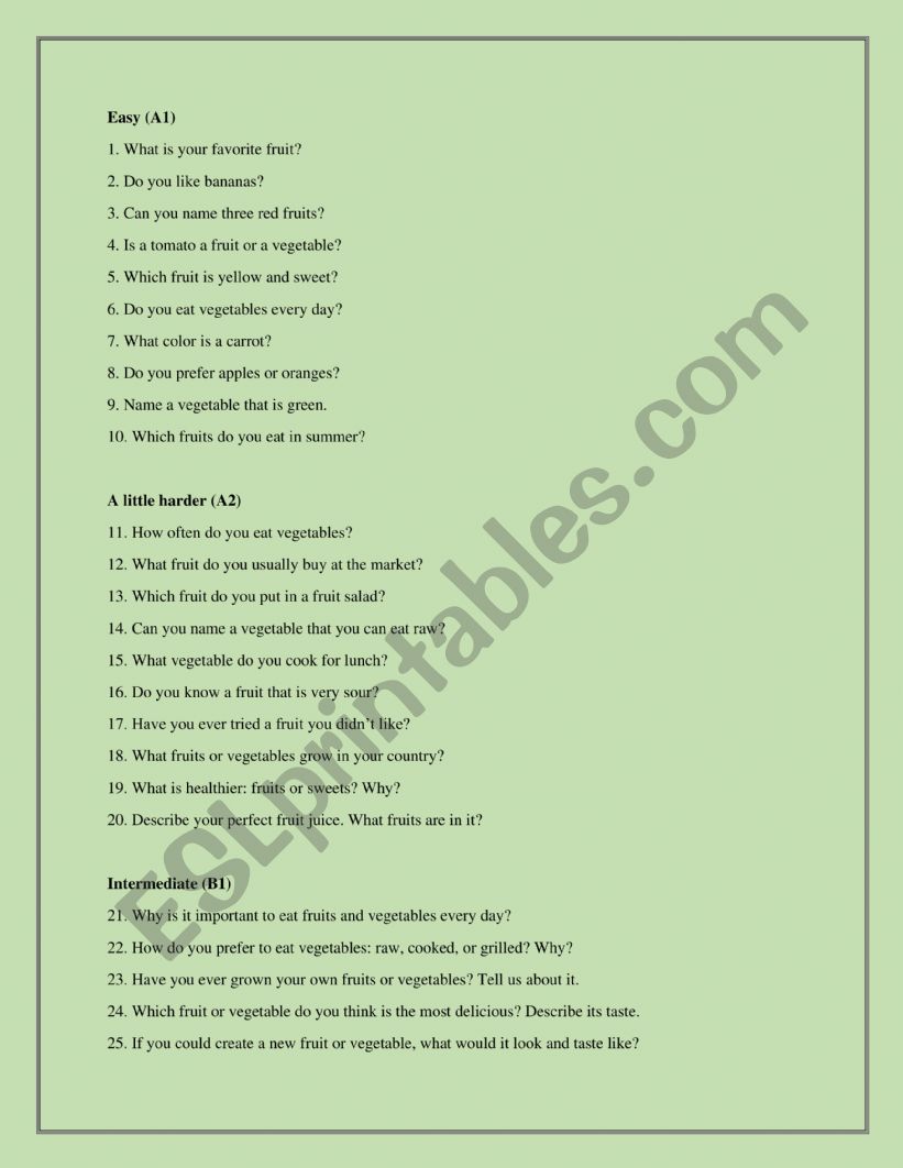 Speaking questions about fruits and vegetables 