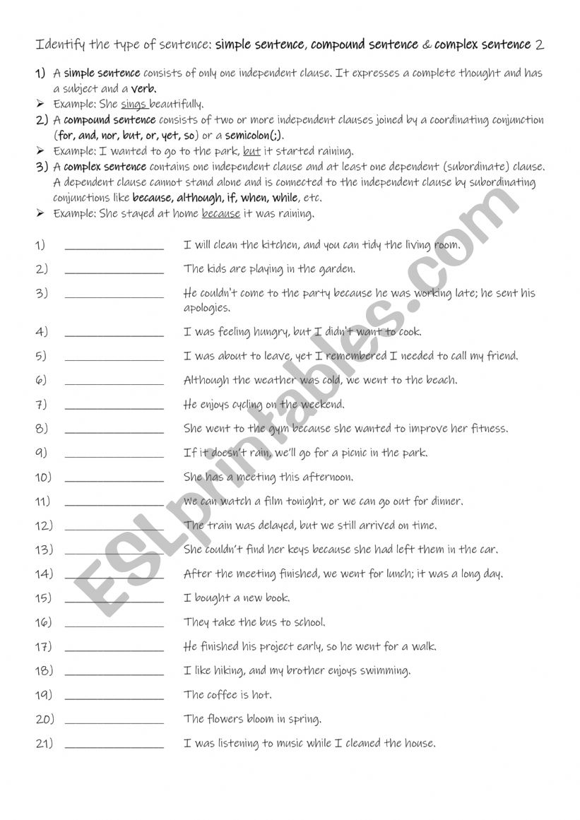 A2 Identify the type of sentence simple sentence, compound sentence & complex sentence 2