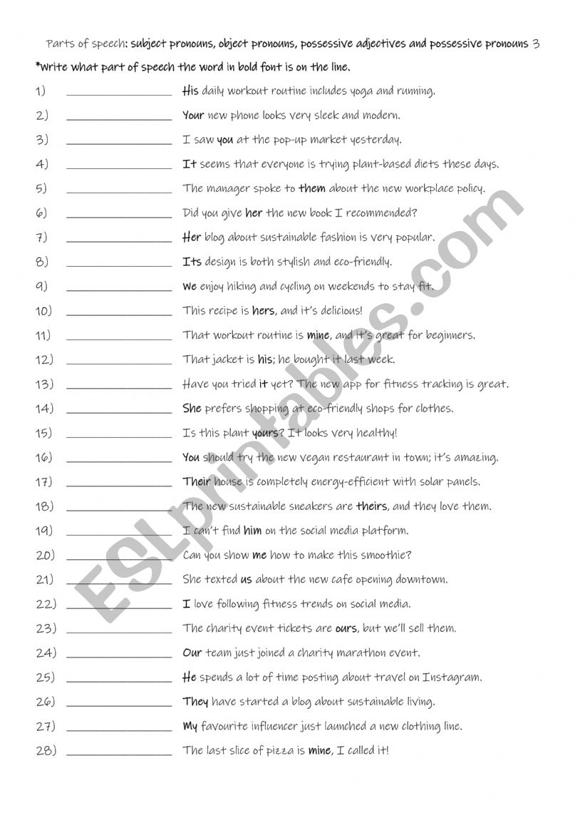 Parts of speech subject pronouns, object pronouns, possessive adjectives and possessive pronouns 3