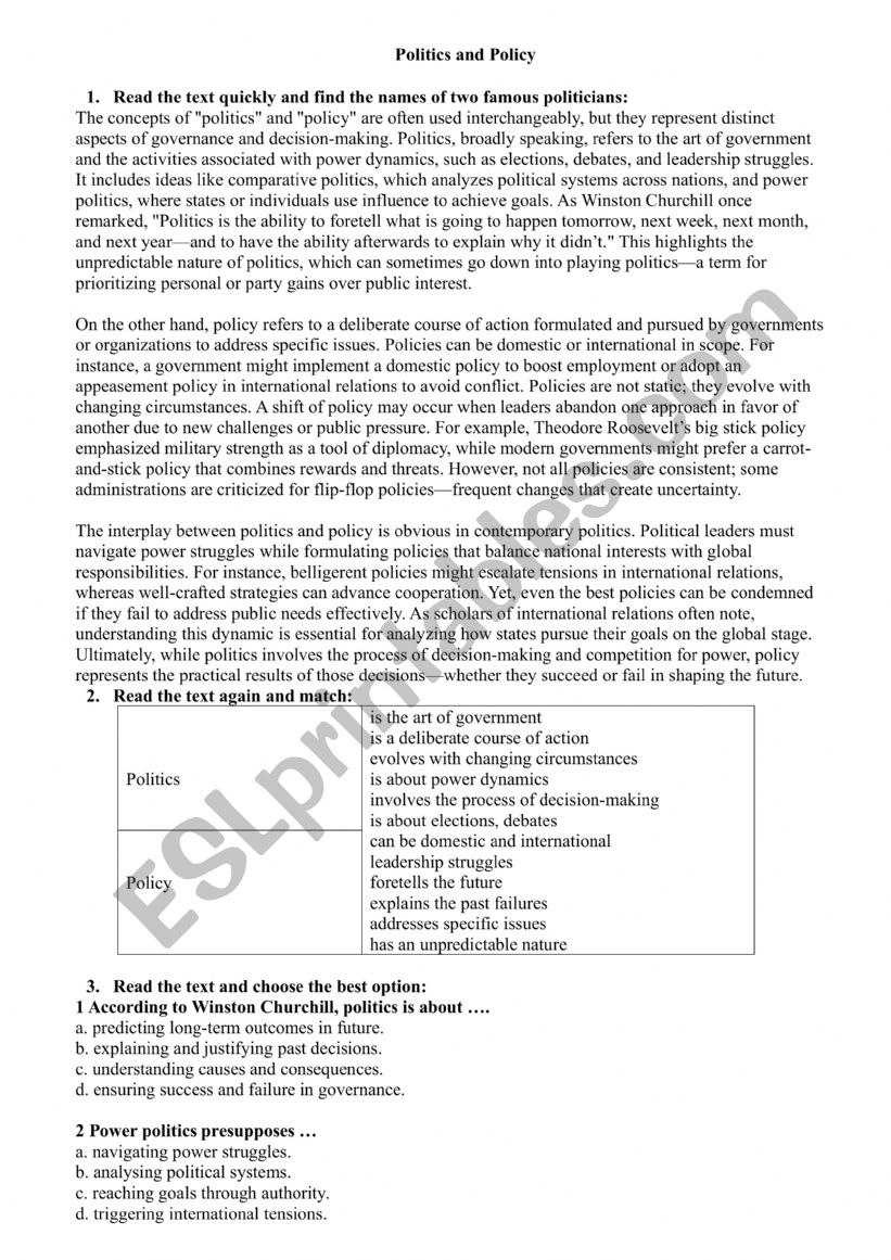 Politics and Policy worksheet