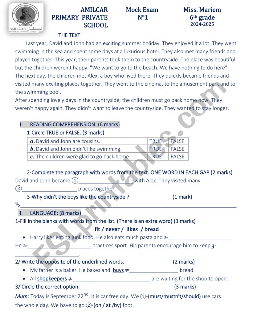 Mock exam worksheet