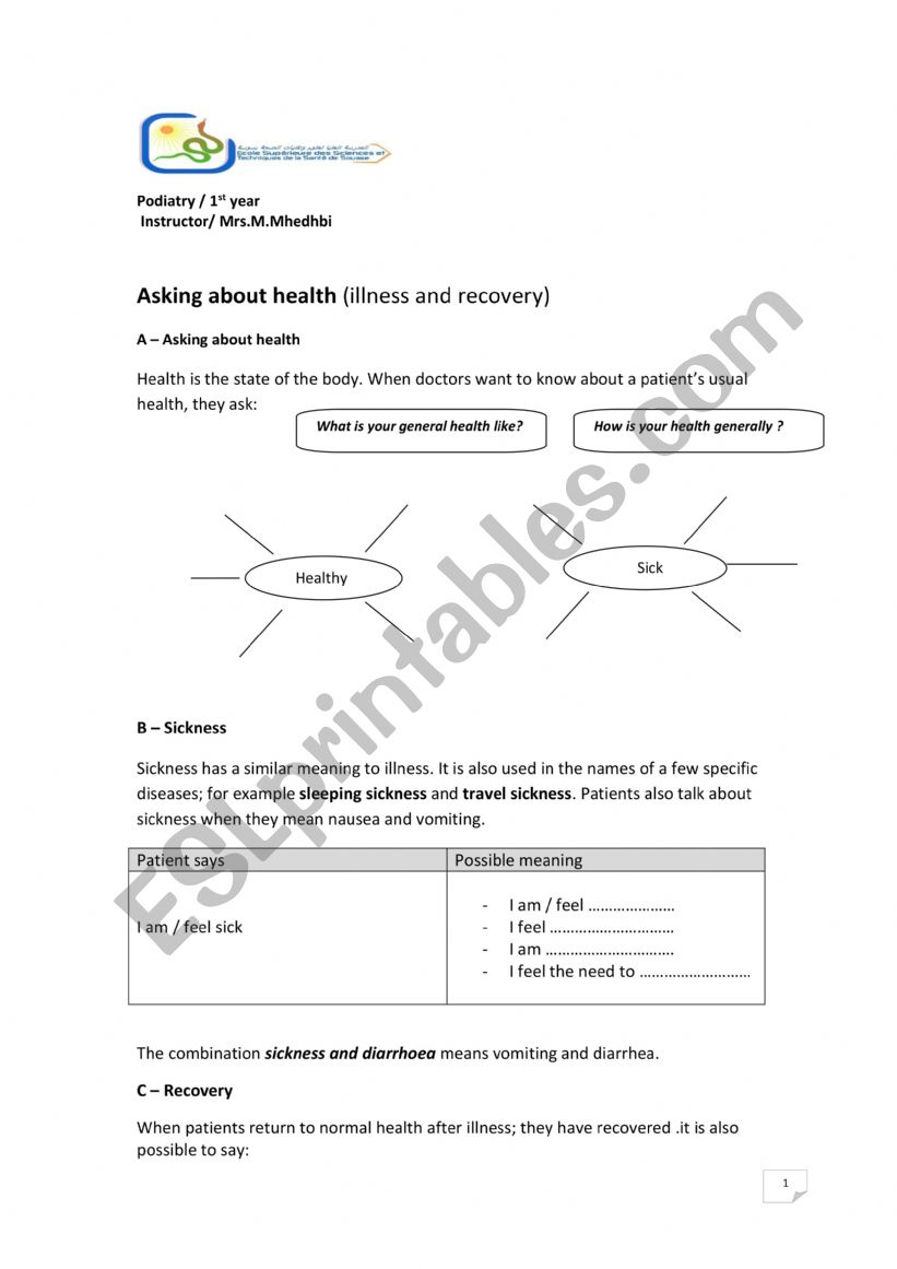 asking about health worksheet