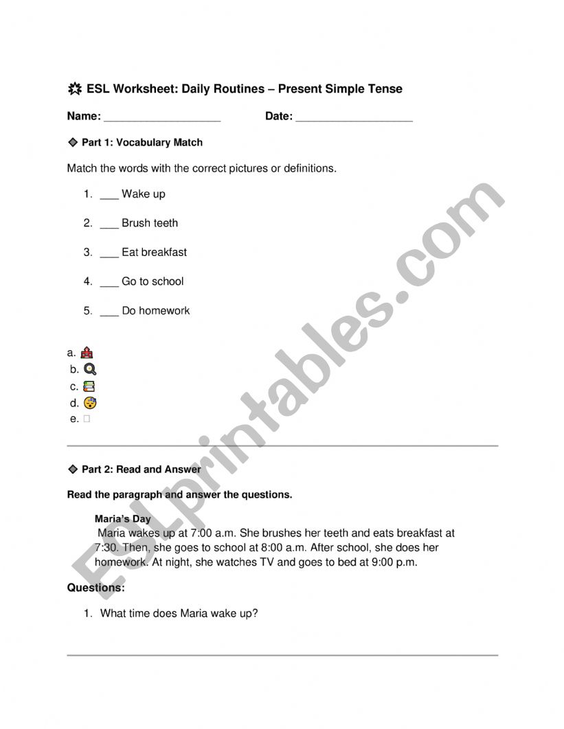 ESL Worksheet: Daily Routines â€“ Present Simple Tense