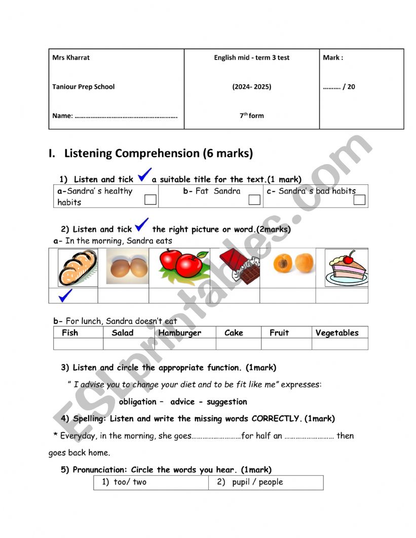 Mid-term 3 test for 7th form worksheet