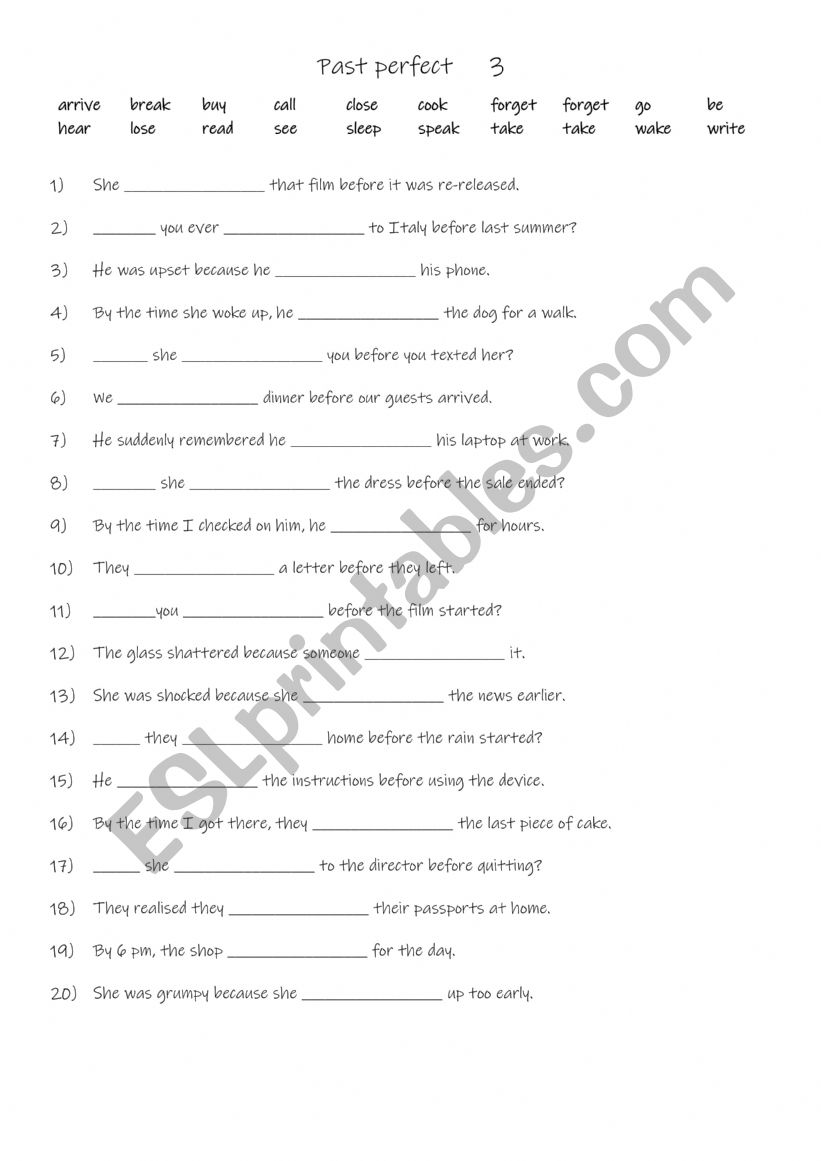 Past perfect 3 worksheet