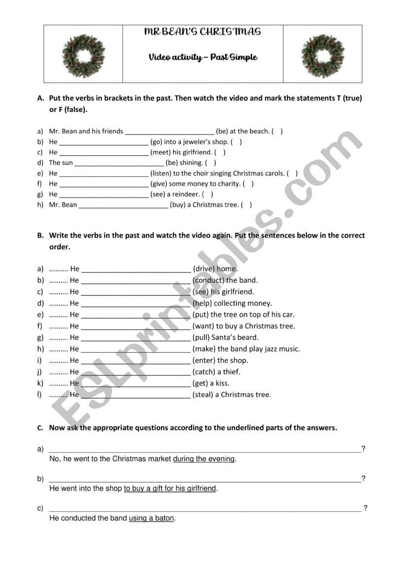 Mr Bean Christmas worksheet