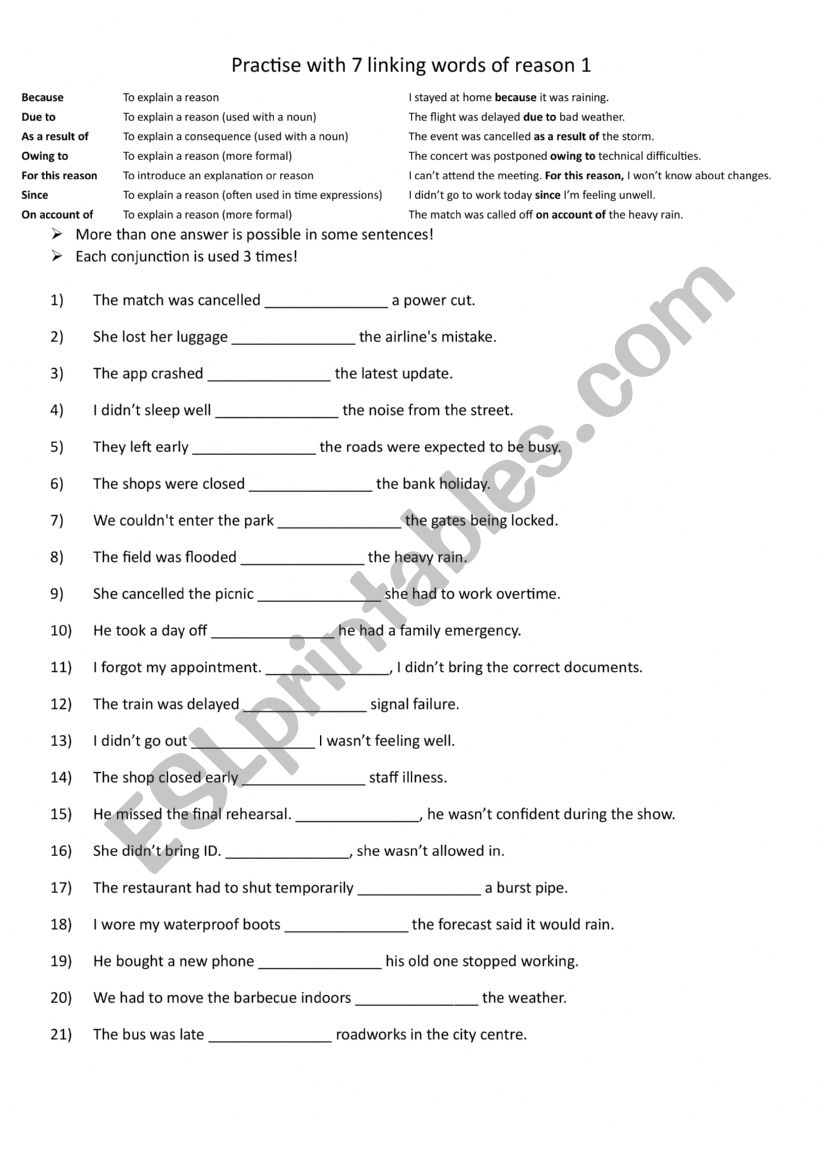 Practise with 7 linking words of reason 1