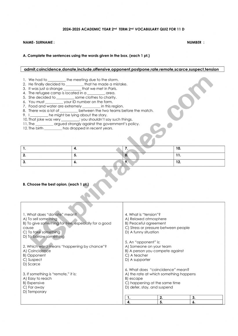 vocabulary test 2 privilege 12