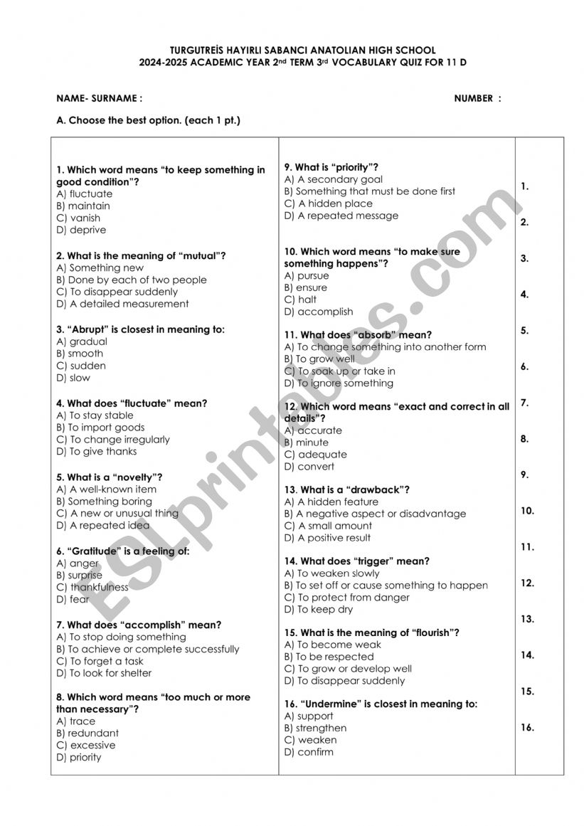 vocabulary test 3 privilege 12