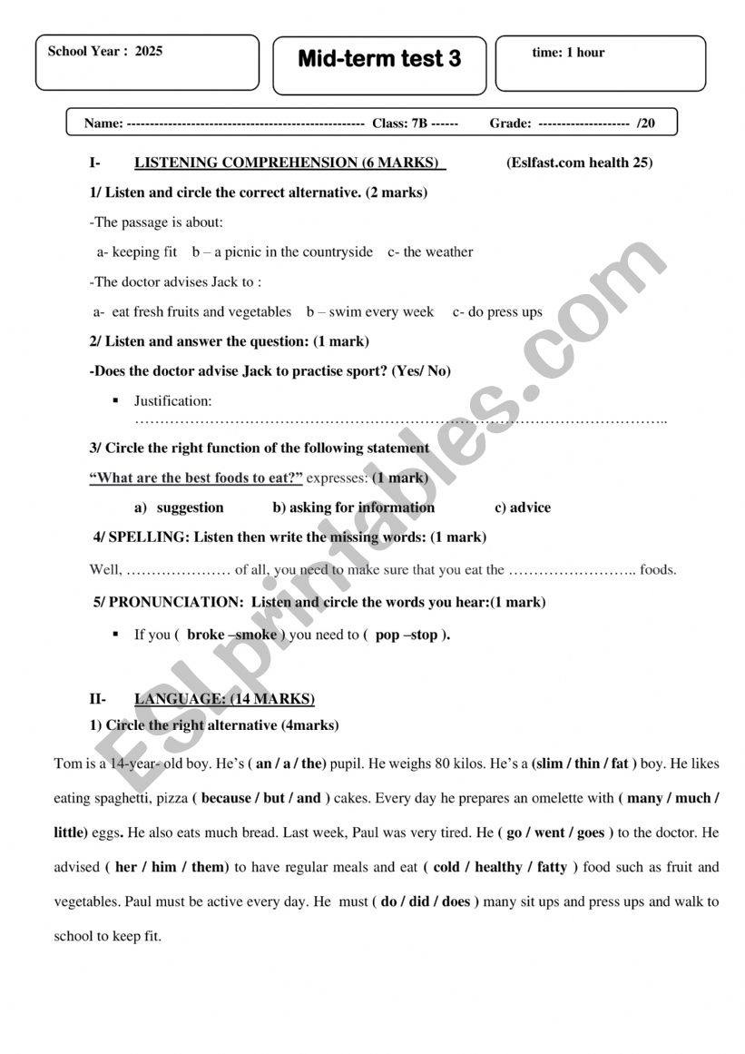 Ordinary test  3 7 TH FORM worksheet