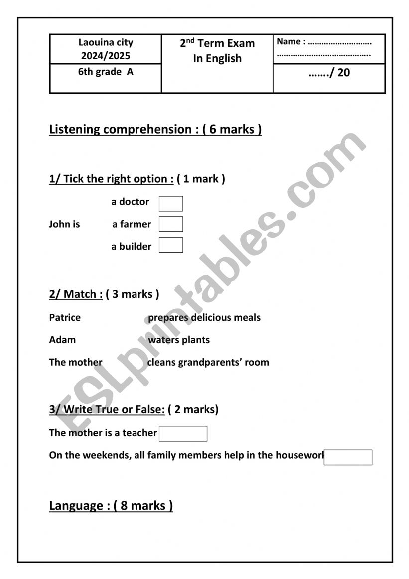 2nd term exam 6th grade worksheet