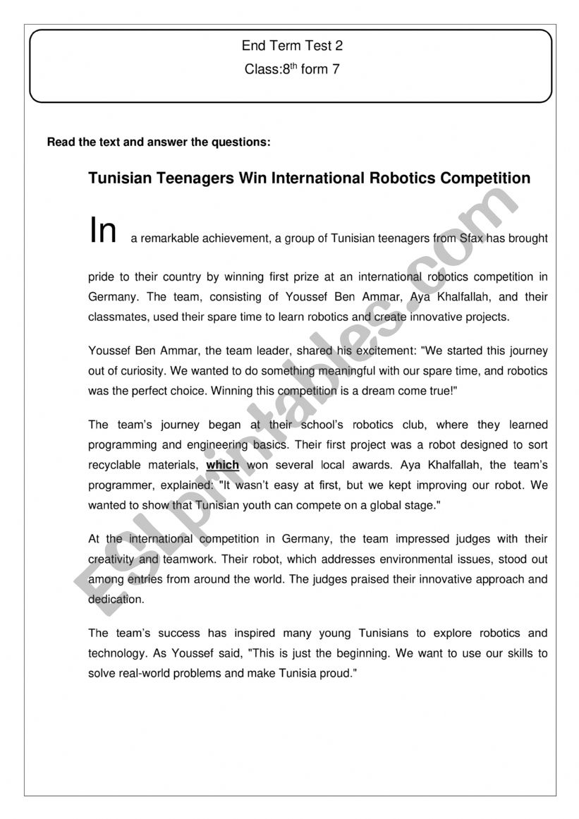 end term test 2 8th forms worksheet