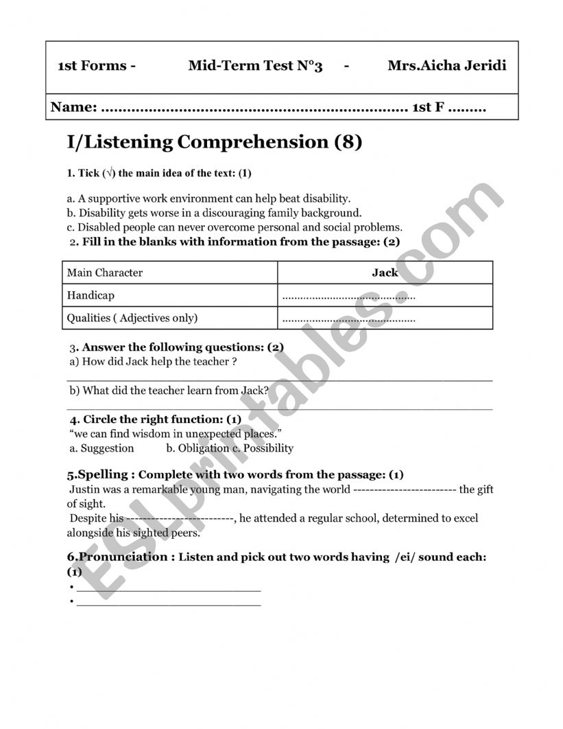 1st forms Mid Term test 3 worksheet