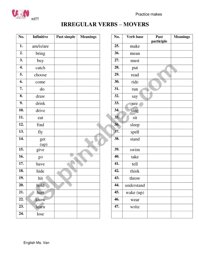 Past Tense- Irregular verbs (Movers level)