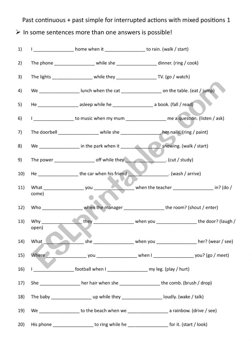 Past continuous + past simple for interrupted actions with mixed positions 1